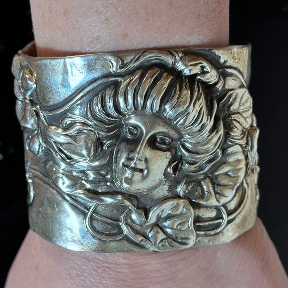 Antique Obsessions Jewelry - Gibson Girl Sterling Silver Art Nouveau Cuff Bracelet Victorian Antique Face 925